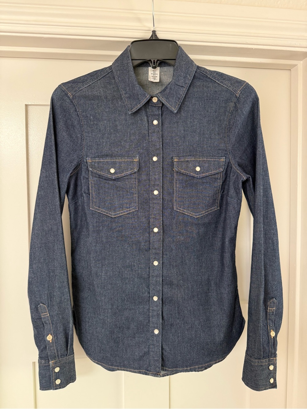 Women's Dark Blue Denim Button-Down Shirt with Chest Pockets